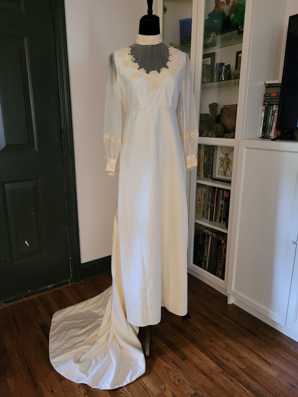 Vintage 1960s 1970s Ivory Handmade Wedding Gown Prairie Handsewn Flower Applique